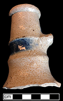 Gray-bodied salt glaze stoneware mineral water or wine bottle with strap handle.  Painted cobalt-blue under the glaze.  1.25&rdquo; rim diameter, from 18CV60.